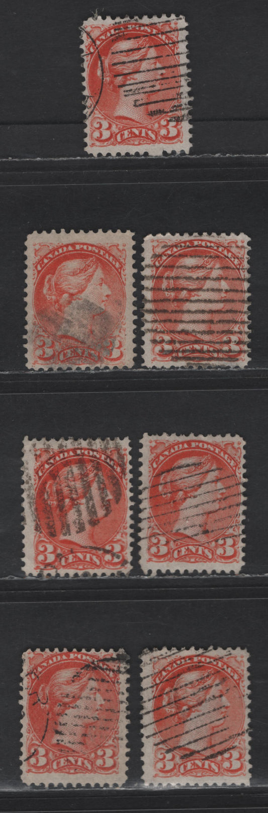 Lot 341 Canada #37 3c Red Orange Queen Victoria, 1870-1893 Small Queen Issue, 7 Fine Used Singles, Mid Montreal Printing, Seven Slightly Different Shades, Paper MM-O, Perf 12