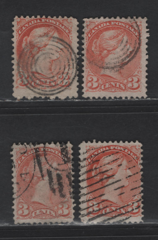 Lot 342 Canada #37c 3c Dull Red Queen Victoria, 1870-1893 Small Queen Issue, 4 Very Good/Fine Used Singles, Mid Montreal Printing, Papers MM-B, MM-O & MM-D, Perf 12.1x12.2 & Compounds With 12