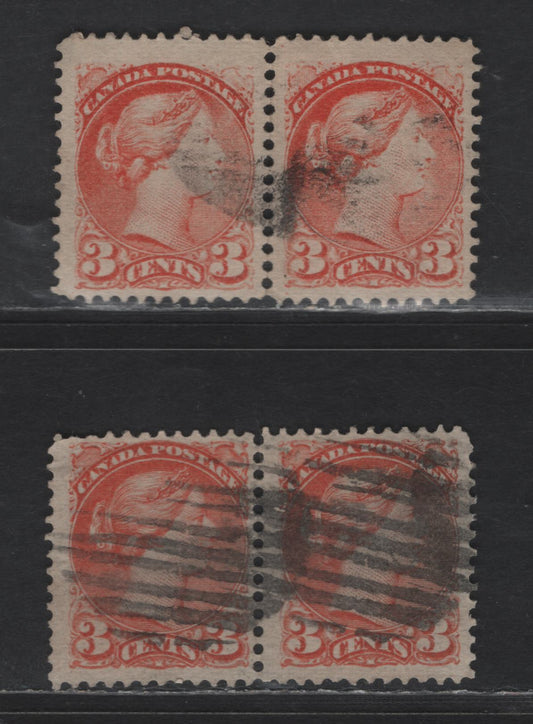 Lot 344 Canada #37, 37c 3c Red & Orange Red Queen Victoria, 1870-1893 Small Queen Issue, 2 Fine Used Pairs, Mid Montreal Printing, Papers MM-B & MM-S, Perf 12.1-12.2x12, Position Dots
