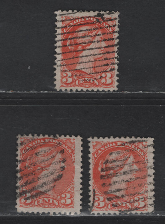 Lot 345 Canada #37var 3c Orange Red & Red Orange Queen Victoria, 1870-1893 Small Queen Issue, 3 Fine Used Singles, Mid Montreal Printings, Papers MM-O, MM-B, MM-L, Perf 12.1x12.2 & Compounds With 12