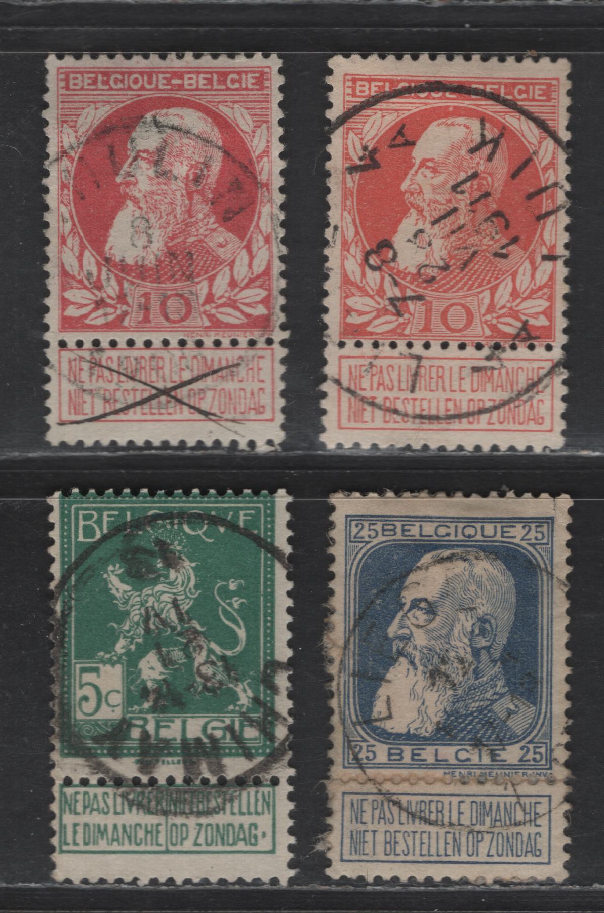 Lot 186 Belgium #85, 87, 94 1oc Rose & Dull Rose, 25c Ultramarine, 5c Green, 1905-1912 King Leopold, Lion Of Belgium Issues, 4 F & VF Used Singles