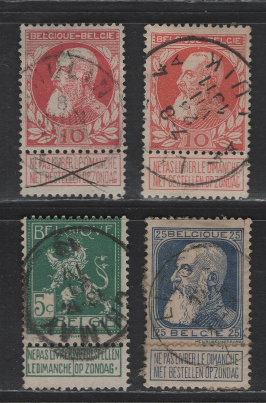 Lot 186 Belgium #85, 87, 94 1oc Rose & Dull Rose, 25c Ultramarine, 5c Green, 1905-1912 King Leopold, Lion Of Belgium Issues, 4 F & VF Used Singles