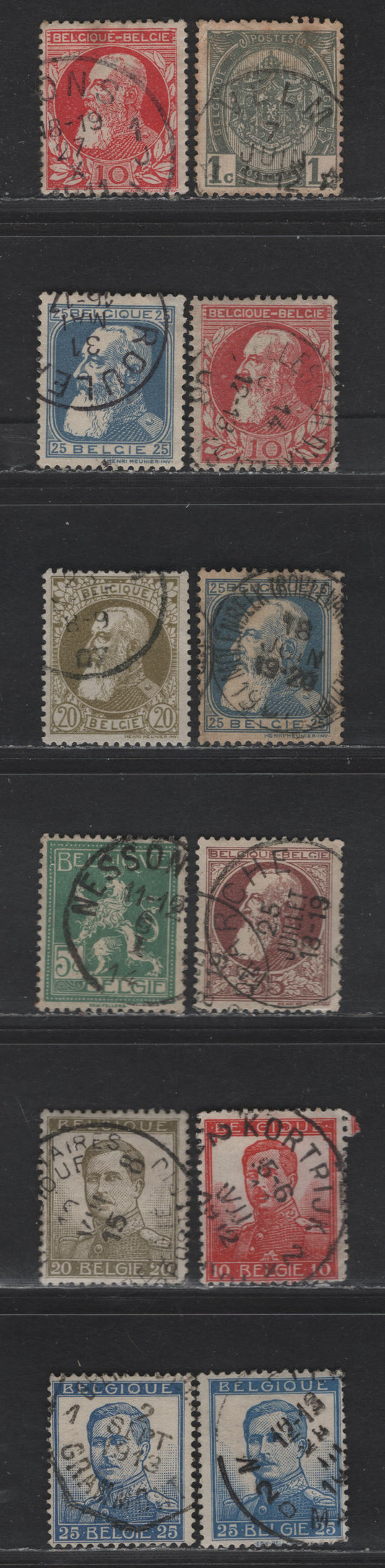 Lot 187 Belgium #82, 85, 86, 87-87a, 88, 94, 95, 104a, 105-105a 1c Grey - 25c Ultramarine, 1905-1913 Arms, King Leopold II & King Albert I Issues, 12 F & VF Used Singles With Shades