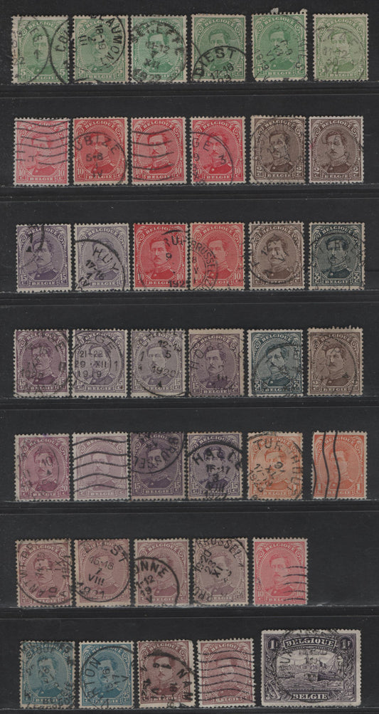 Lot 188 Belgium #108-115, 119a 1c Orange - 1fr Violet, 1915-1922 Small Albert Definitive Issue, 40 F & VF Used Singles 1fr Is Perf 15. Other Low Values Represent A Mixture Of Printings With Different Shades And Types From London & Mechelen Printings