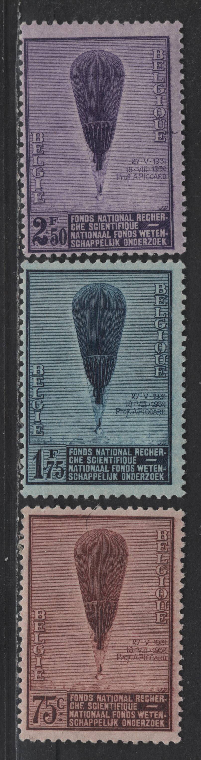 Lot 197 Belgium #251-253 75c-2.50fr Violet, 1932 Prof. Auguste Piccard's Ascents To The Stratosphere Issue, 3 F & VF NH Singles