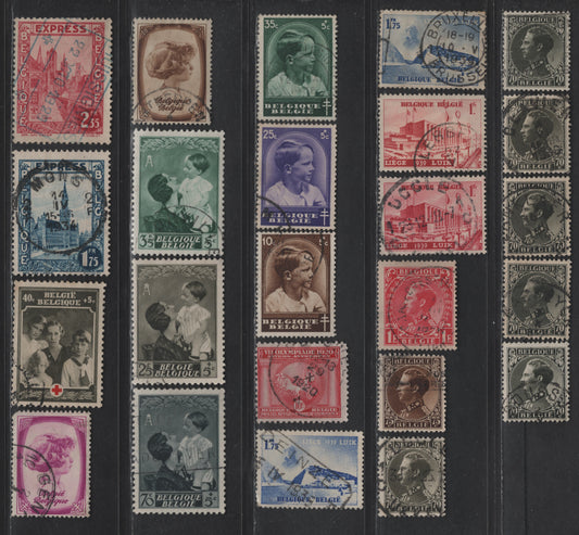 Lot 199 Belgium #262 / E2 70c Olive Black - 2.35fr Carmine, 1934-1935 King Leopold III - 1929 Special Delivery Issues, 24 F & VF Used Singles Incl. Variations In The Photogravure With Some Stamps Showing More Highlights Than Others