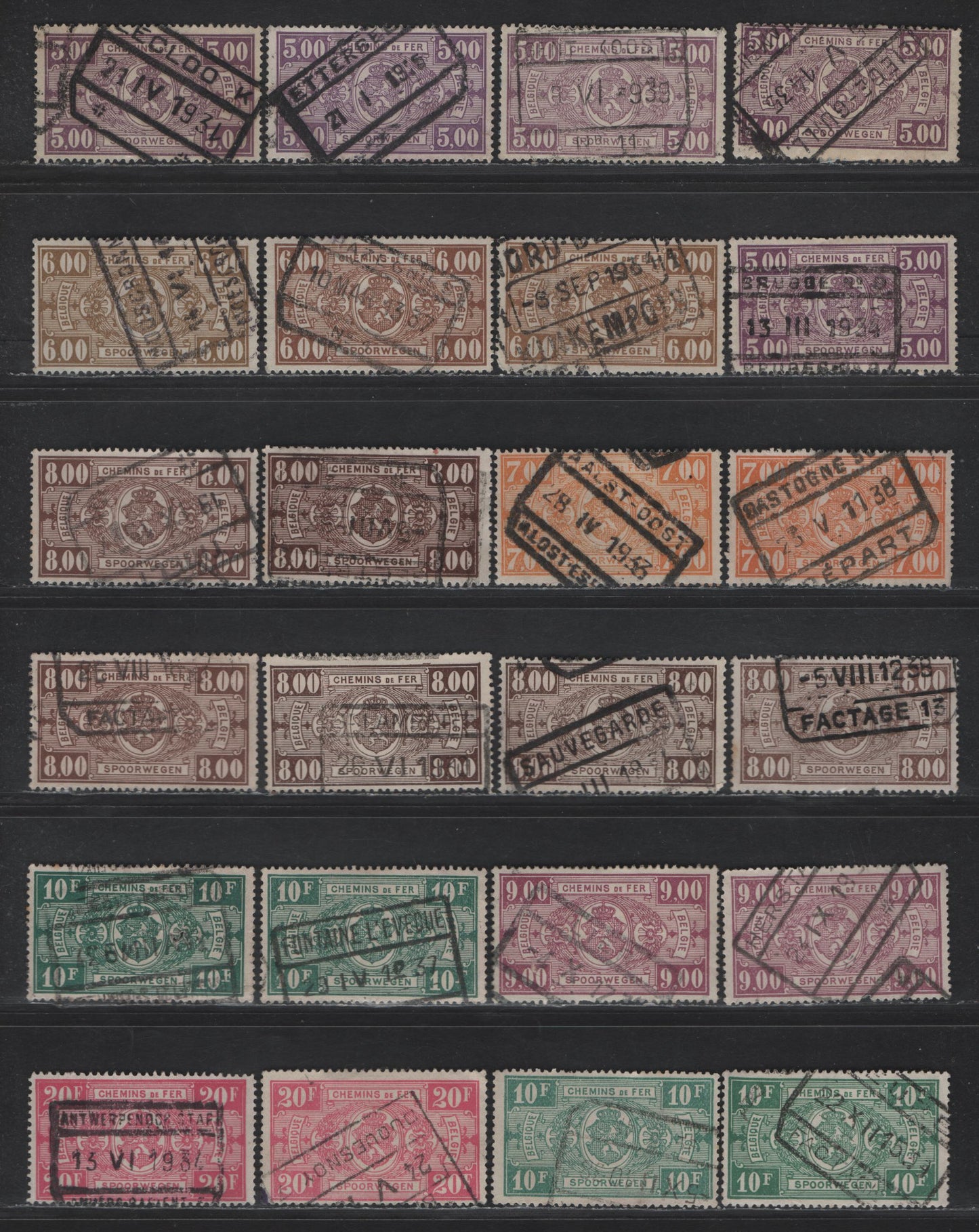 Lot 205 Belgium #Q140, Q142, Q145, Q146, Q147-Q152, Q156, Q160-Q163, Q164-Q168 10c Vermilion - 20f Magenta, 1923-1940 Parcel Post Issue, 50 F & VF Used Singles With Shades