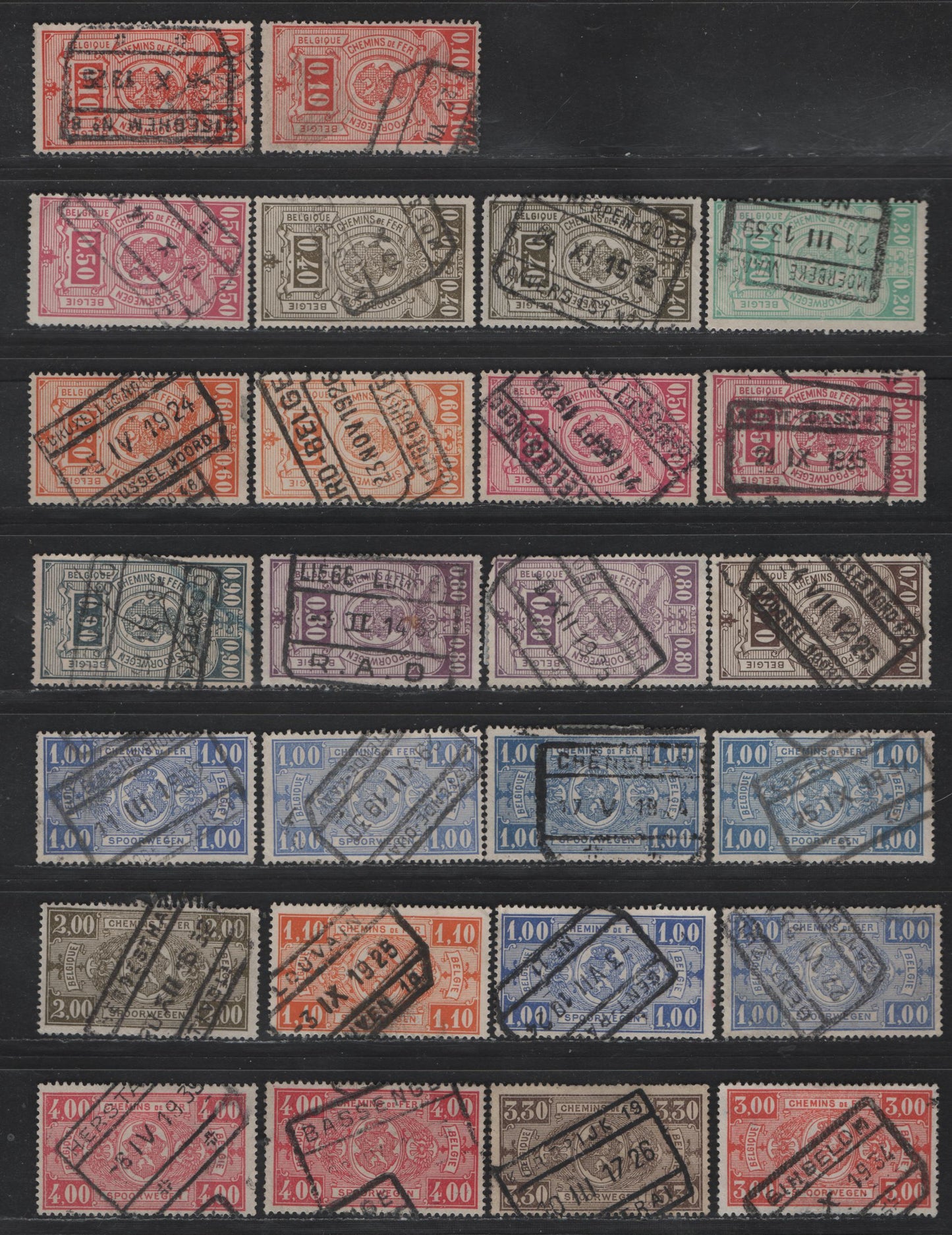 Lot 205 Belgium #Q140, Q142, Q145, Q146, Q147-Q152, Q156, Q160-Q163, Q164-Q168 10c Vermilion - 20f Magenta, 1923-1940 Parcel Post Issue, 50 F & VF Used Singles With Shades