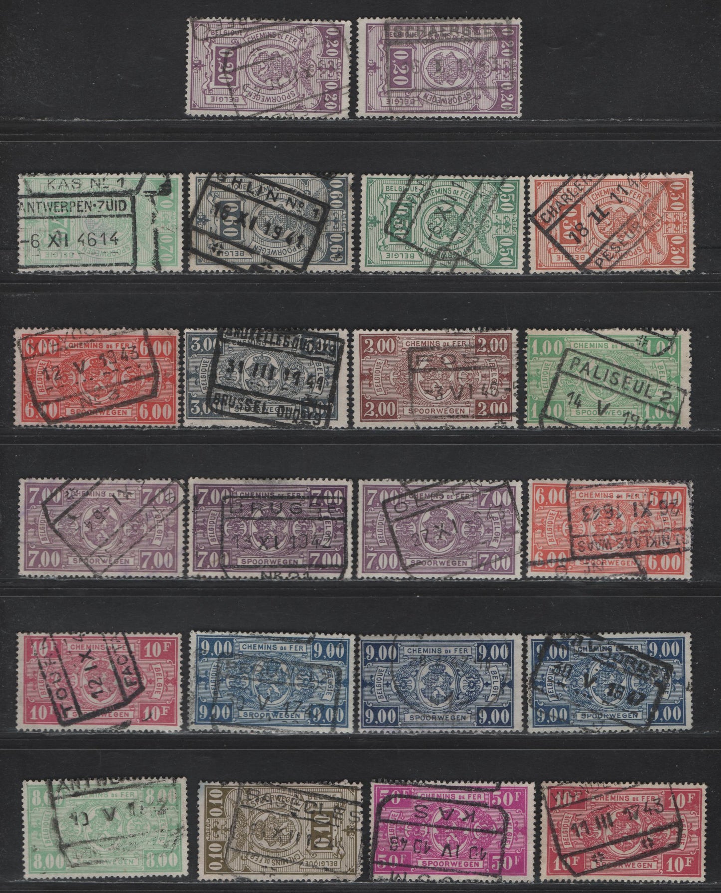 Belgium #Q239 / Q262 10c Dull Olive - 50f Bright Red Violet, 1941 Parcel Post Issue, 22 F & VF Used Singles With Unlisted Shades