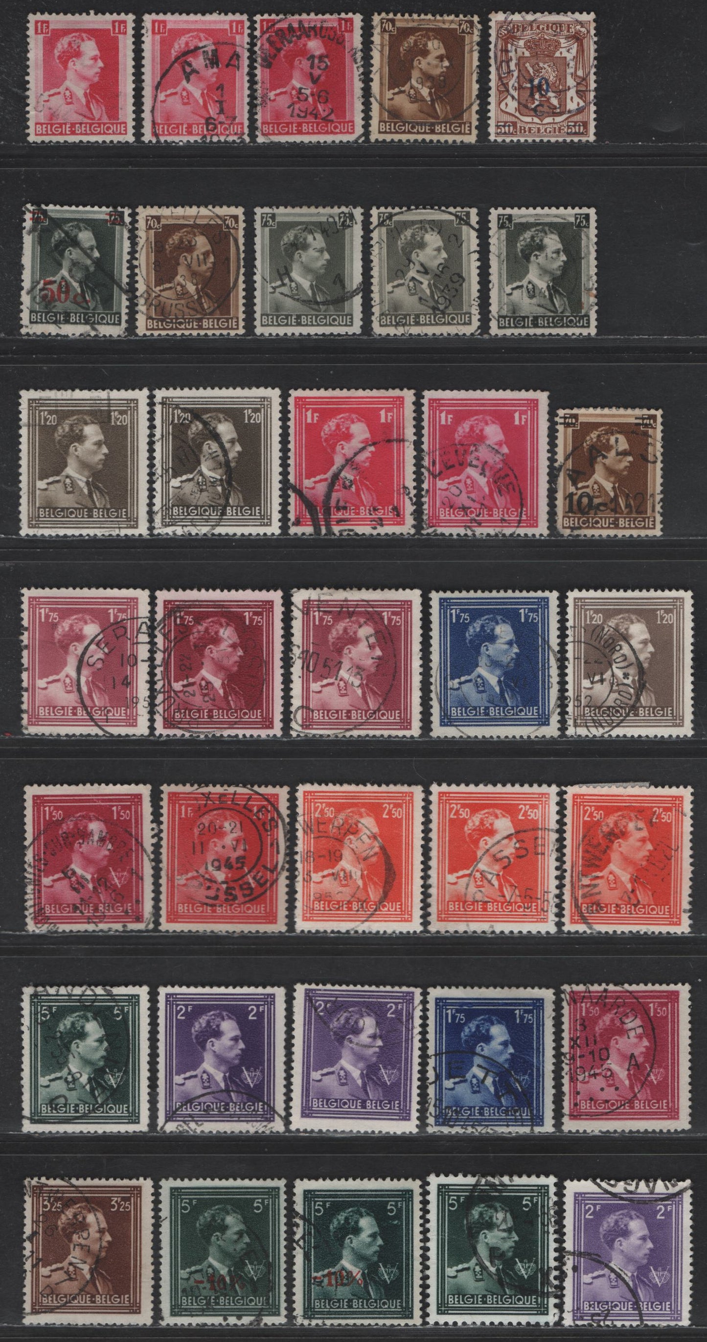 Lot 216 Belgium #283/293, 291a, 310-311, 354/360a, 312, 314, 315, 367 70c Brown - 40% On 5f Dark Blue Green, 1936-1956 King Leopold III Issue, 35 F & VF Used Singles With Shade Varieties