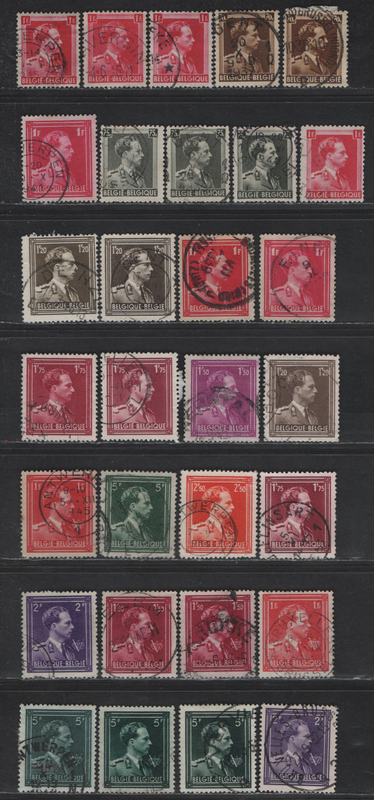 Belgium #283/293, 354/360, 367 70c Brown - 10% On 5fr Dark Blue Green, 1936-1956 King Leopold III Issue, 30 F & VF Used Singles With Many Shade Varieties, Including Some Not In Lot 216