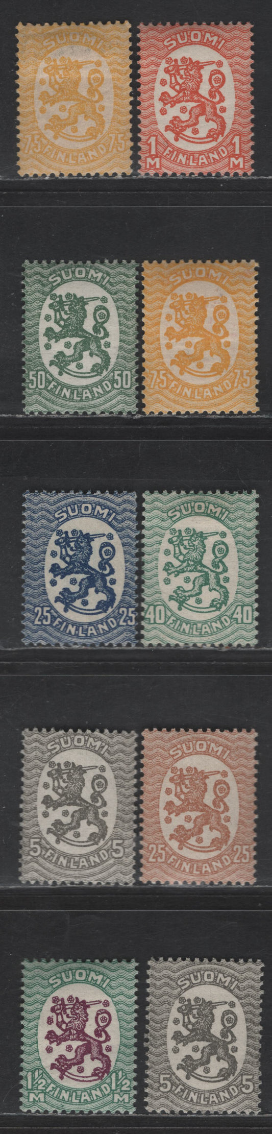 Lot 224 Finland #84, 91-92, 95, 98a, 100, 102a, 103a 5p Grey - 1m Red Orange, 1917-1930 Helsinki Issue, 10 F & VF OG Singles Unwatermarked, Perf 14 & 14 1/4x14 3/4