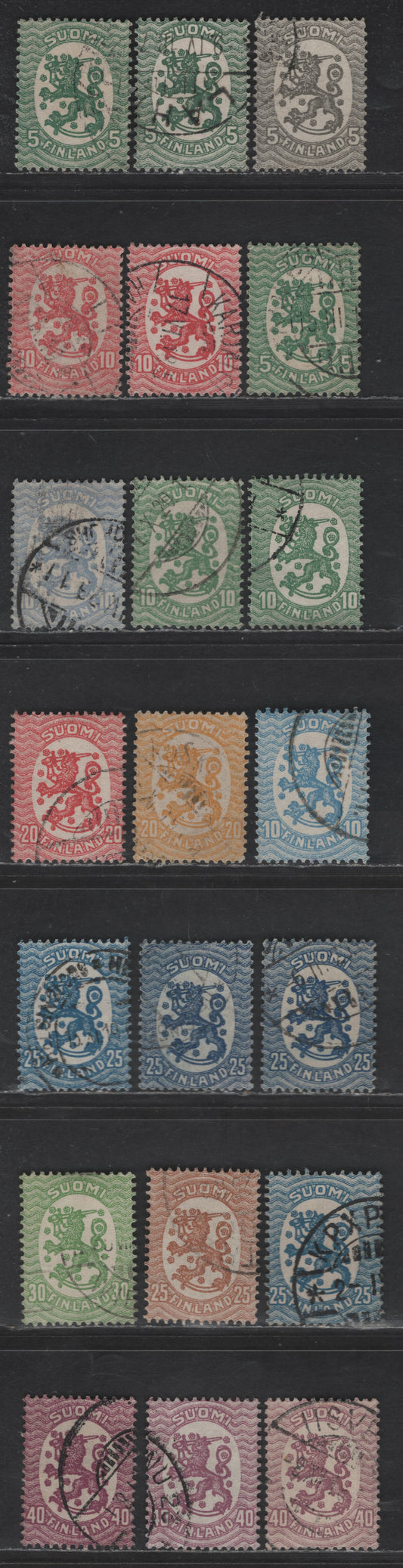 Lot 225 Finland #83-89, 91-94 5p Green - 40 Violet, 1917-1930 Helsinki Issue, 18 Very Fine Used Singles Unwatermarked, Perf 14 With Many Unlisted Shades