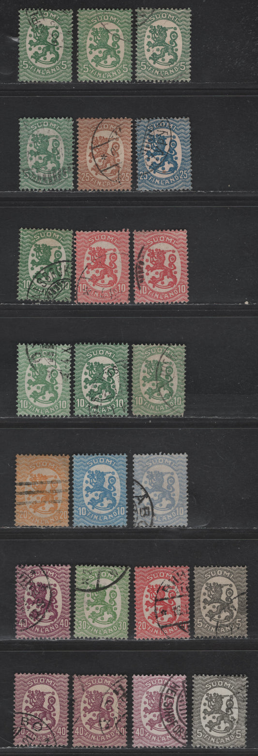 Lot 226 Finland #83-89, 91 5p Green - 40p Violet, 1917-1930 Helsinki Issue, 20 Very Fine Used Singles Unwatermarked, Perf 14 With Many Unlisted Shades, Including Some Which Are Not In Lot 225