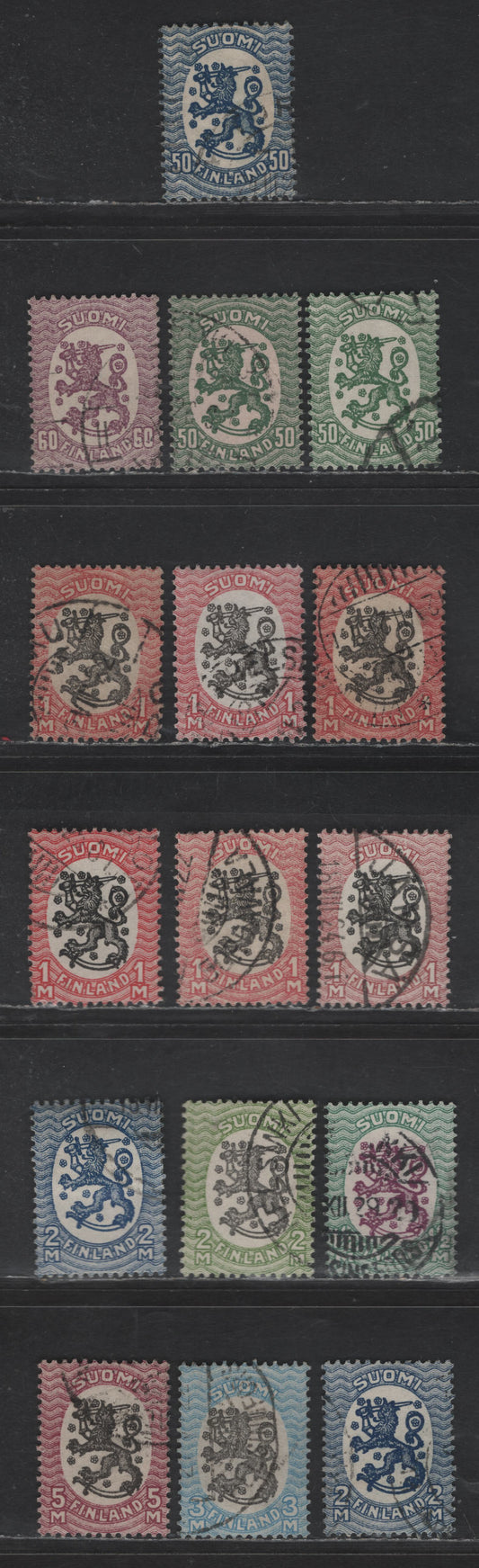 Lot 227 Finland #96-107 50p-5m Orange Brown - Red Violet & Black, 1917-1930 Helsinki Issue, 16 Very Fine Used Singles Unwatermarked, Perf 14, With Frame Types I-III On The 1m, Lion Type 1 And Many Shades. Perf 14 1/4x14 3/4 On The 1.5d