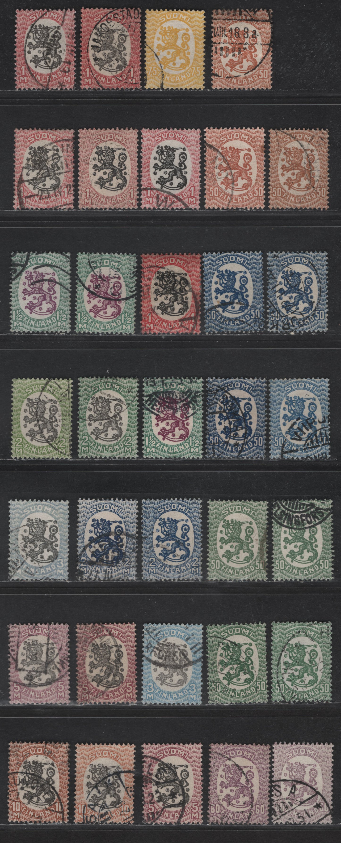 Lot 227A Finland #96-101, 103a, 98a, 104-105, 106-108 50p Orange Brown - 10m Brown & Grey Black, 1917-1930 Helsinki Issue, 34 Very Fine Used Singles Unwatermarked, Perf 14 & 14 1/4x14 3/4