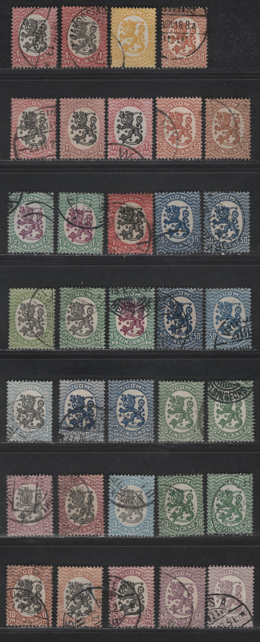 Lot 227A Finland #96-101, 103a, 98a, 104-105, 106-108 50p Orange Brown - 10m Brown & Grey Black, 1917-1930 Helsinki Issue, 34 Very Fine Used Singles Unwatermarked, Perf 14 & 14 1/4x14 3/4