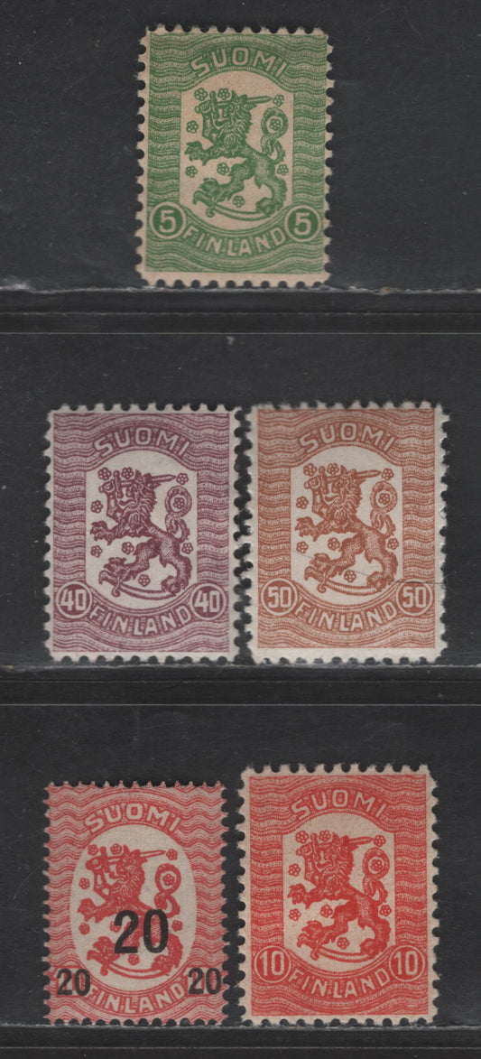 Lot 228 Finland #111-112, 114-115, 120 5p Green - 50p Orange Brown, 1918 Vasa & 1919 Surcharge Issues, 5 F & VF OG Singles