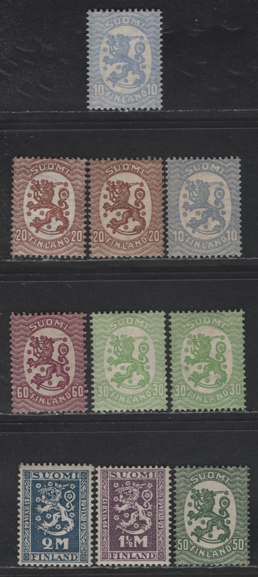 Lot 231 Finland #127-128, 130, 133, 141, 142, 145 10p Dull Ultramarine - 2m Deep Blue, 1925-1929 Helsinki Issue, 10 F & VF OG & NH Singles With Wmk Swastikas & Post Horn, With Shades