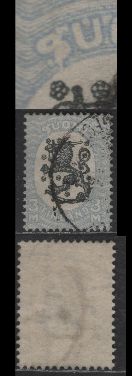 Lot 233 Finland #137var 3m Chalky Blue & Black, 1925-1929 Helsinki Issue, A Fine Used Single Showing Damaged "S" In "Suomi".Perf 14, Swastikas Wmk