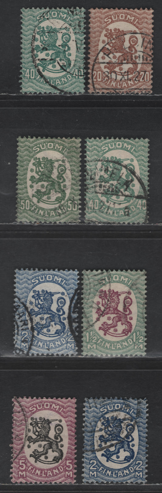 Lot 234 Finland #128, 131, 131a, 132a, 135, 136-136a, 138a 20p Brown - 5m Red Violet & Black, 1925-1929 Helsinki Issue, 8 F & VF Used Singles With Swastikas Wmk, Perf 14 & 14 1/4x14 3/4
