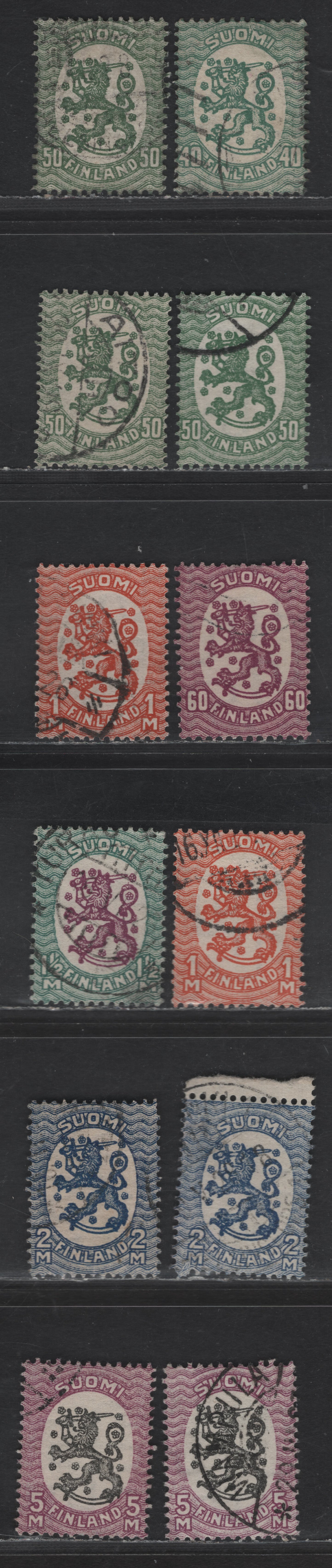 Lot 235 Finland #131c, 132, 132a, 133, 134, 134a, 135a, 136-136a, 138-138a 40p Blue Green - 5m Red Violet & Black, 1925-1929 Helsinki Issue, 12 F & VF Used Singles With Swastikas Wmk, Perf 14 & 14 1/4x14 3/4, With Shades