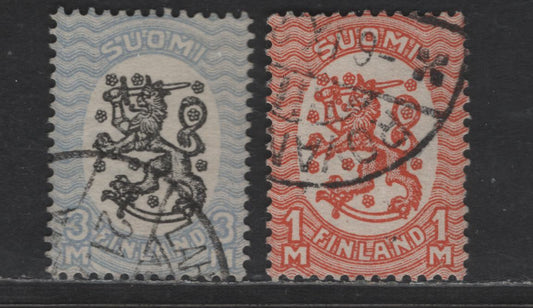 Lot 236 Finland #146b var, 149var(Facit# 128c1wm2, 131c2vm2) 1m Orange, 3m Chalky Blue & Black, 1927-1929 Helsinki Issue, 2 Very Fine Used Singles With Posthorn Wmk, 1m Perf 14, 3m Perf 14 1/4x14 3/4. Both With Reveresed Wmk