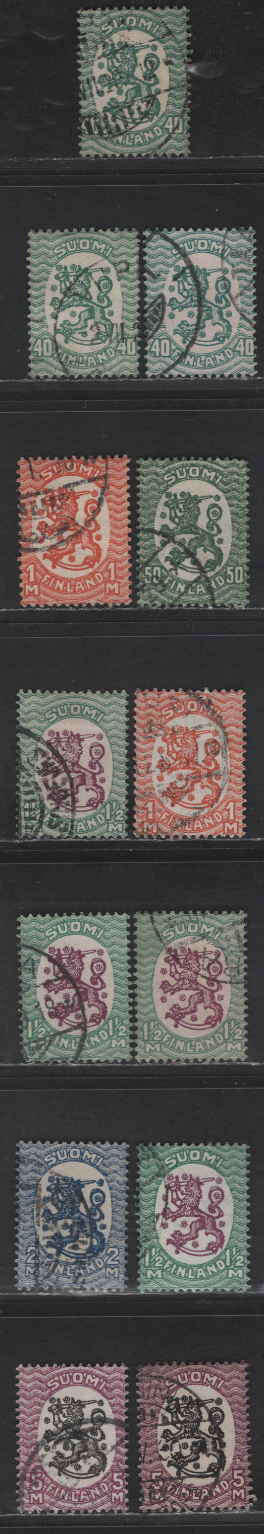 Lot 237 Finland #144-146b, 147, 148, 150 40p Blue Green - 5m Red Violet & Black, 1927-1929 Helsinki Issue, 12 Very Fine Used Singles With Posthorn Wmk