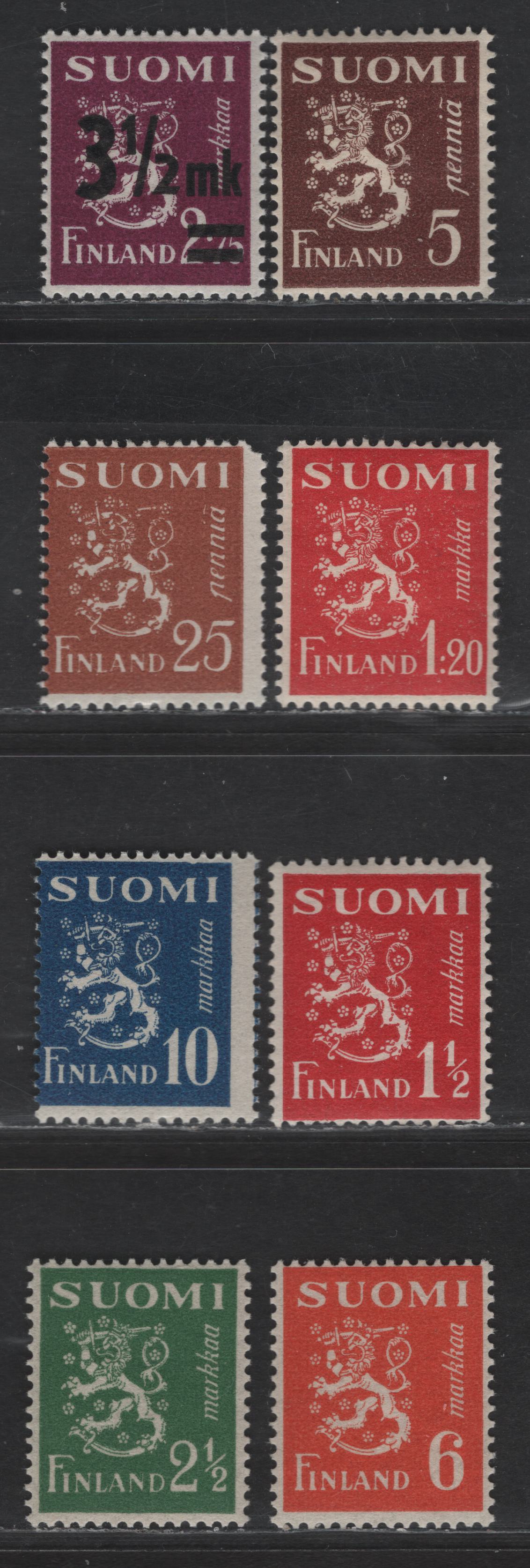 Lot 238 Finland #158,161, 167, 170, 176, 243, 257, 259 5p Chocolate - 10m Saphire, 1930-1946 Arms Definitive Issue, 8 F & VF OG & NH Singles