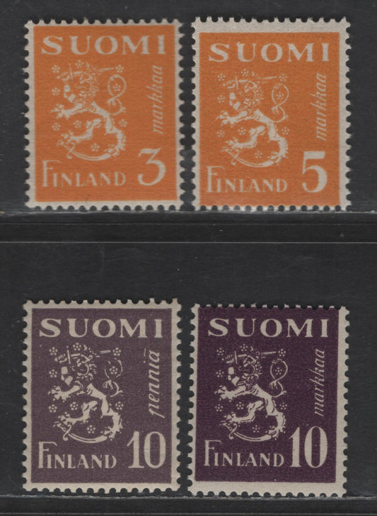 Lot 239 Finland #159, 175c, 176f, 261 10p Dull Violet - 10mk Purple, 1930-1947 Arms Definitive Issue, 4 F & VF NH Singles