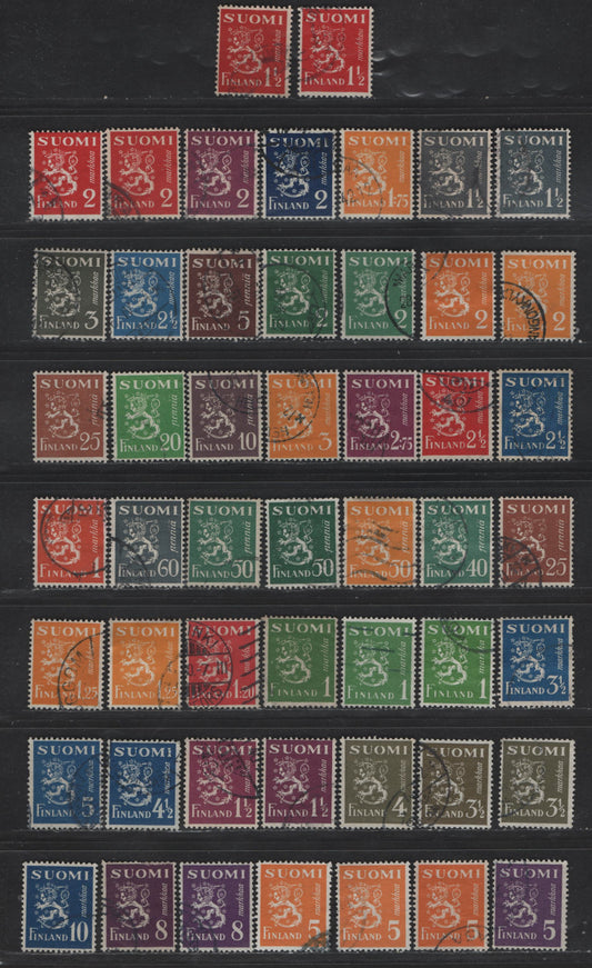 Lot 240 Finland #158-165, 166-175, 175c-176f, 176H-176I 5p Chocolate - 10m Saphire, 1930-1946 Arms Definitive Issue, 51 F & VF Used Singles With Multiple Shade Variations