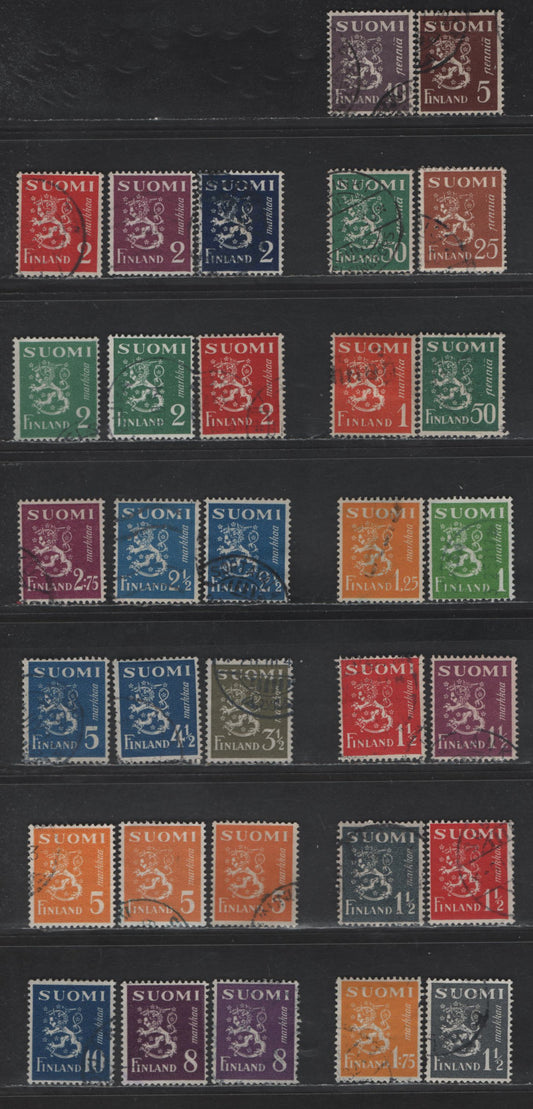 Lot 241 Finland #158/176I 5p Chocolate - 10m Saphire, 1930-1946 Arms Definitive Issue, 32 F & VF Used Singles With Shade Varieties