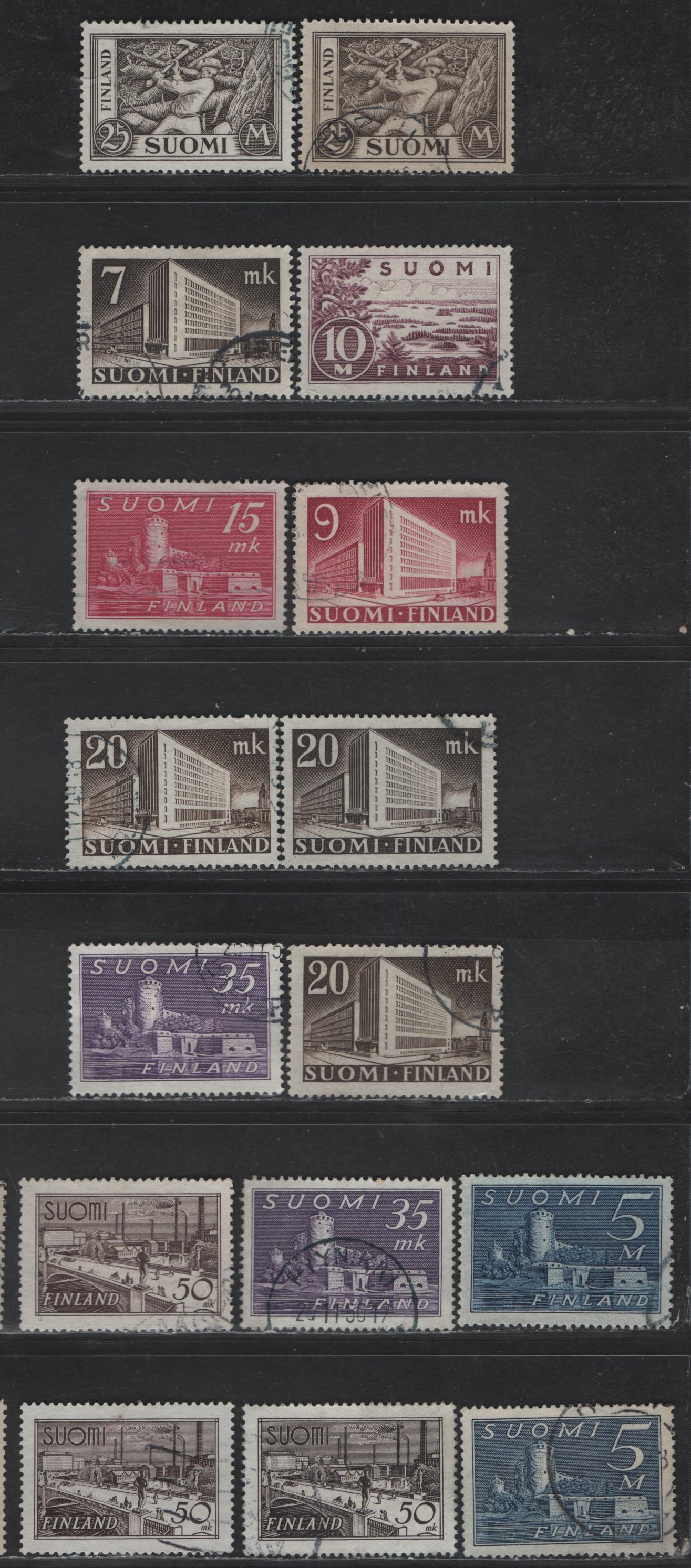 Finland #177, 179, 205, 219A-219B,239, 247-248, 280 5m Blue - 50m Brown Violet, 1930-1942 Pictorial Definitive Issue, 16 Very Fine Used Singles Early And Late Printings In A Variety Of Shades On Different Papers