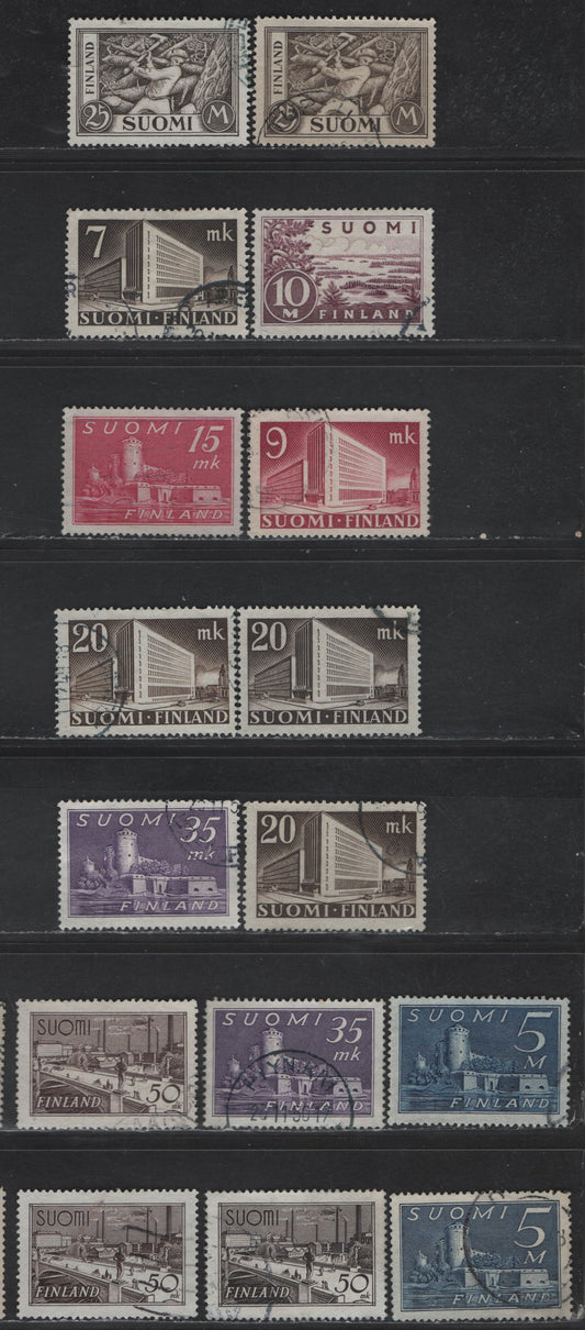 Finland #177, 179, 205, 219A-219B,239, 247-248, 280 5m Blue - 50m Brown Violet, 1930-1942 Pictorial Definitive Issue, 16 Very Fine Used Singles Early And Late Printings In A Variety Of Shades On Different Papers