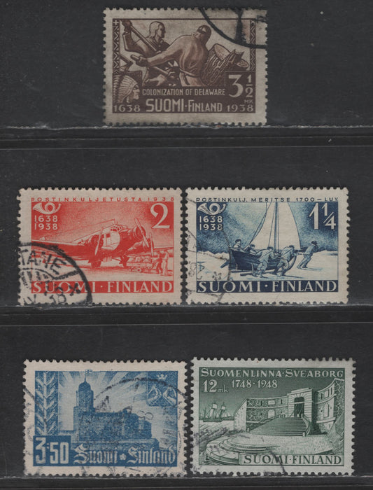 Lot 244 Finland #214, 216, 217, 226, 278 3 1/2m Dark Brown - 12m Deep Green, 1938 Tercentenary Of Delaware Settlement - 1948 200th Anniversary Of Sveaborg Fortress Issues, 6 Very Fine Used Singles