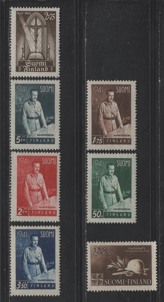 Lot 245 Finland #227-229, 231-232, 241, B58 50p Dull Green - 2.75m Brown, 1941 Manerheim - 1943 Semi-Postal Issues, 7 F & VF Used Singles With Normal Rosettes Wmk, With 6mm Between Rosettes