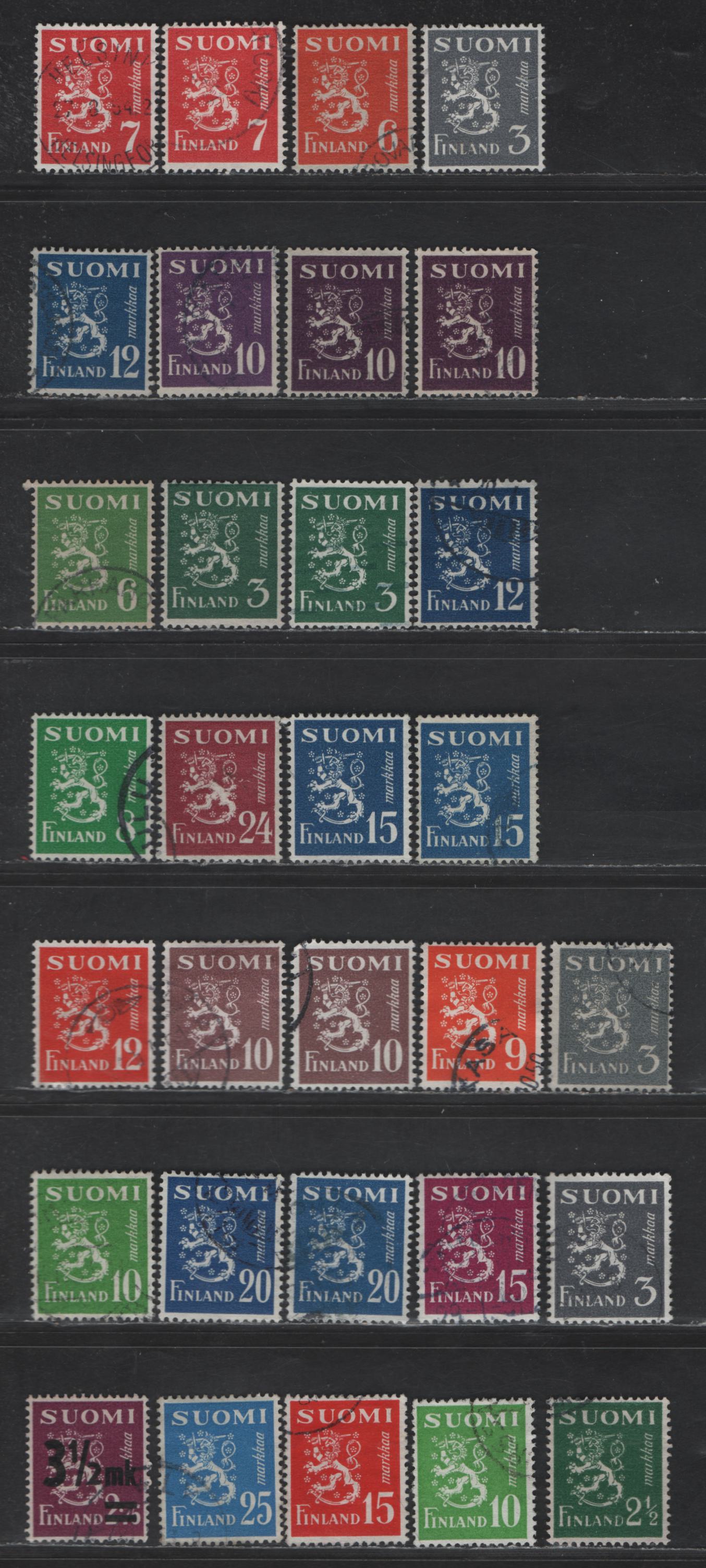 Lot 246 Finland #253, 257-262, 270-271, 273-274, 291-296, 302-305 3.5m On 2.75m Rose Violet - 25m Blue, 1947-1952 Arms Definitive Issue, 31 F & VF Used Singles With Shade Variations