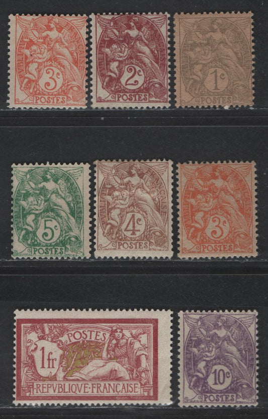 Lot 250 France #109-111a, 115, 119, 121 1c Grey - 1fr Claret & Olive Green, 1900-1929 Libery & Rights Of Man Issue, 8 F & VF OG Singles