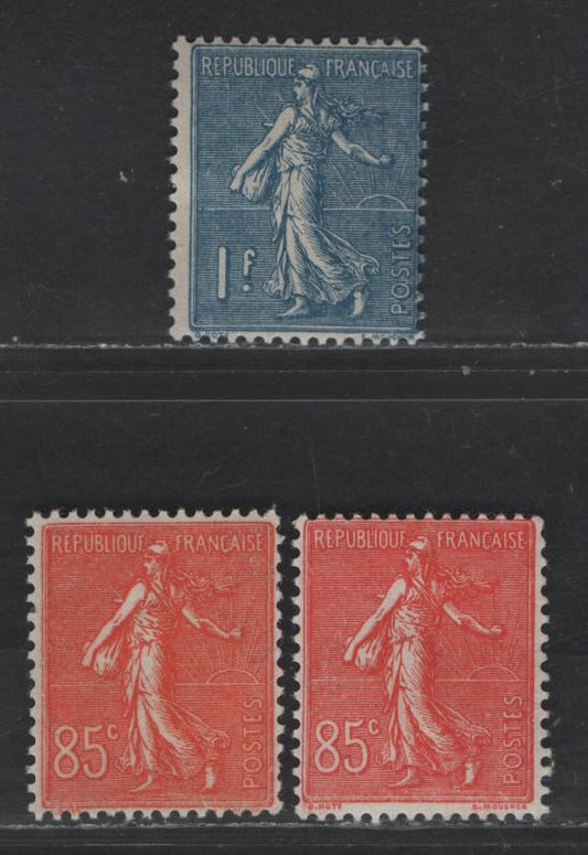 Lot 254 France #153-154 85c Vermilion - 1fr Dull Blue, 1903 - 1938 Sower Design Issue, 3 Fine OG Singles Includes 2 Shades Of The Vermilion, One Slightly Orangy