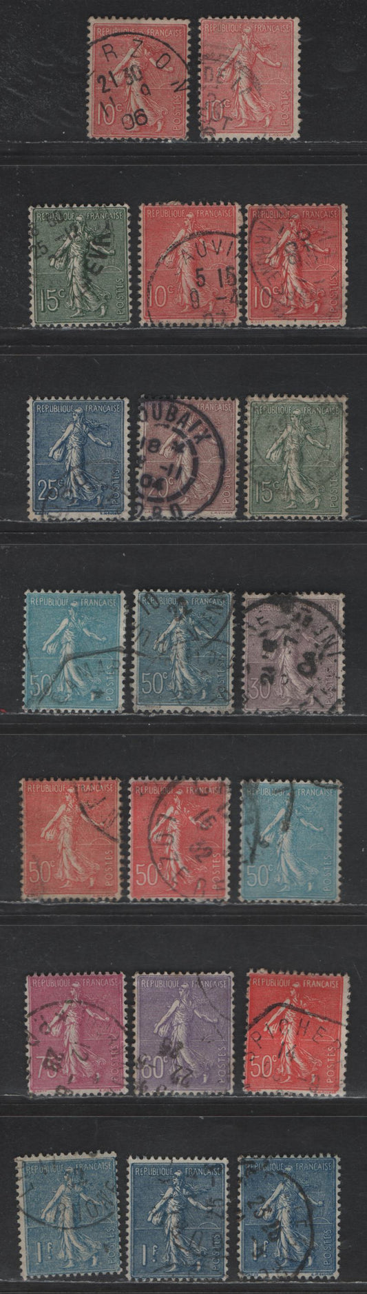 Lot 255 France #138-142, 144, 146, 148, 151, 154 10c Rose/Carmine - 1f Dull Blue, 1903-1938 Sower Designs Issue, 20 F & VF Used Singles With Shades