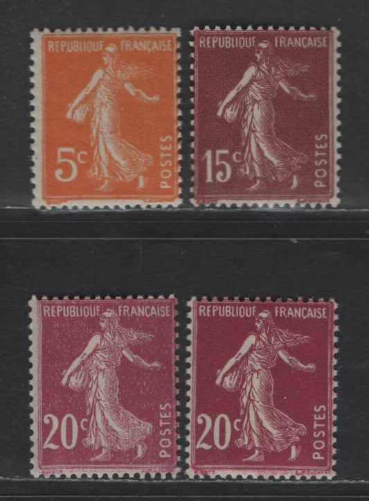 Lot 256 France #160, 165, 167 5c Orange, 15c Red Brown, 20c Red Violet, 1906-1937 Sower Design Without Ground Under Feet Issue, 4 FNH Singles Two Shades Of 20c Red Violet