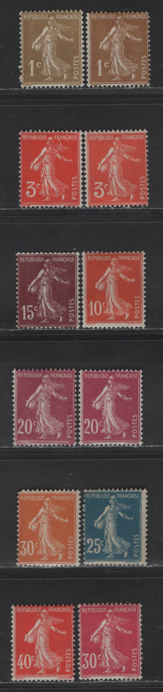 Lot 257 France #156, 156a, 158, 162, 165, 167, 168, 170, 172, 178 1c Olive Bistre - 40c Vermilion, 1906-1937 Sower Design Without Ground Under Feet Issue, 12 F NH&OG Singles With Shade Variations