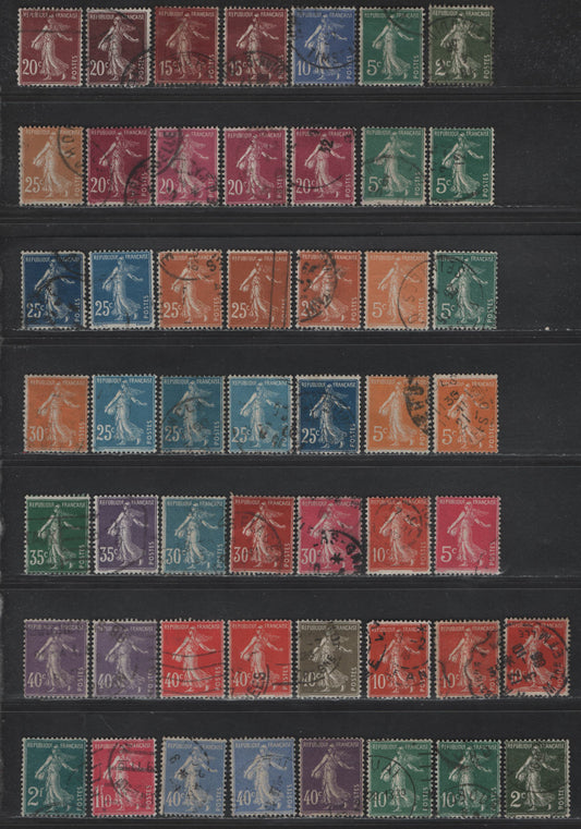 Lot 258 France #155, 157, 159-162, 163-170, 172-180, 182a, 184 10c Red - 2fr Prussian Green,1906-1937 Sower Design Without Ground Under Feet Issue, 51 F & VF Used Singles With Multiple Shades