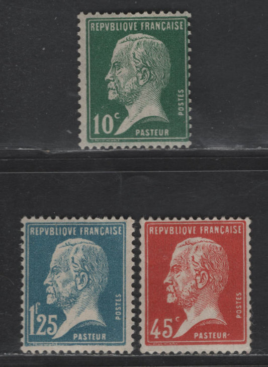 Lot 259 France #185, 190, 195 10c Green, 45c Red, 1.25fr Blue,1923-1926 Louis Pasteur Issue, 3 FOG Singles