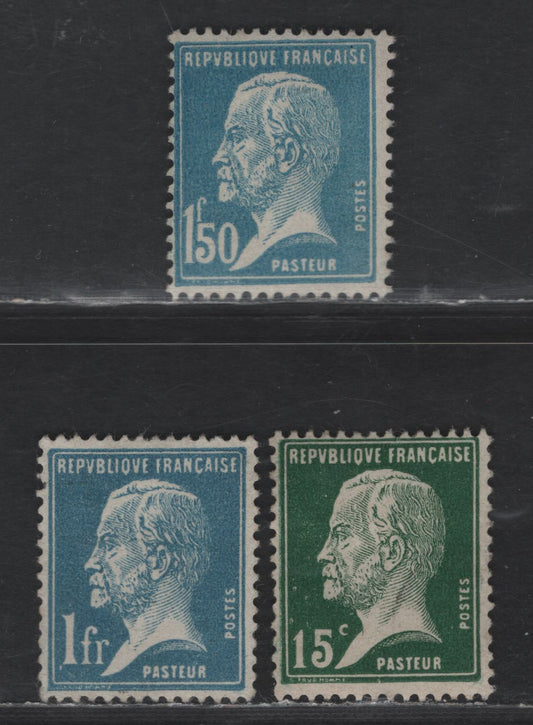 Lot 260 France #186, 194, 196 15c Green, 1fr Blue, 1.50fr Blue,1923-1926 Louis Pasteur Issue, 3 F & VF UN Singles No Gum