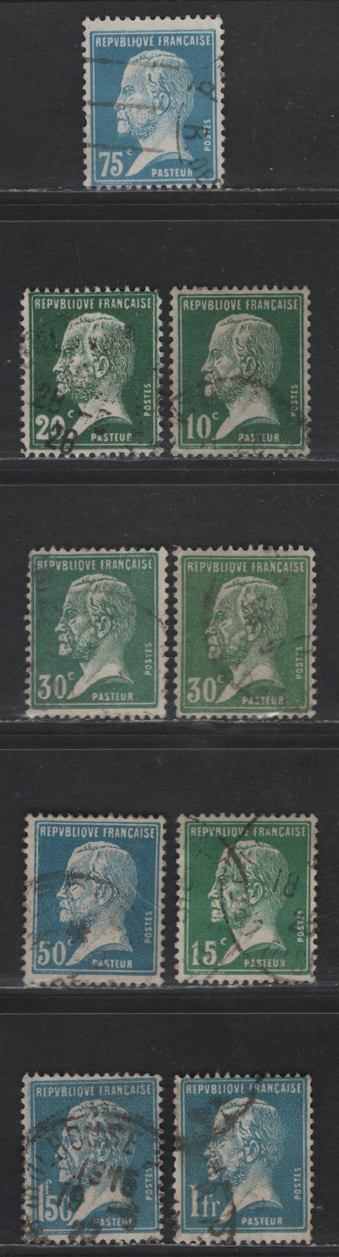 France #185-187, 189, 191, 192, 194, 196 10c Green - 1.50fr Blue,1923-1926 Louis Pasteur Issue, 9 F & VF Used Singles With Extra Green Shade Of 30c