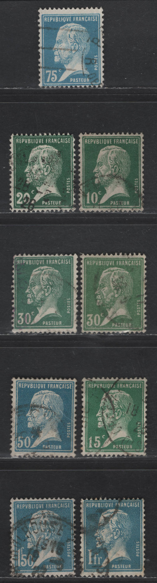 Lot 261 France #185-187, 189, 191, 192, 194, 196 10c Green - 1.50fr Blue,1923-1926 Louis Pasteur Issue, 9 F & VF Used Singles With Extra Green Shade Of 30c