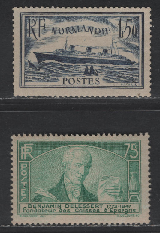 Lot 267 France #300, 301 1.50fr Dark Blue & 75c Blue Green,1935 Maiden Voyage Of Normandie & Opening Of International Savings Bank Congress Issues, 2 VFOG Singles