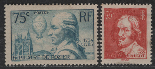 Lot 271 France #305, 308 75c Red & 75c Prussian Blue,1935 300th Anniversary Of Death Of Callot - 1936 150th Anniversary Of De Rozier Issues, 2 F & VF OG Singles
