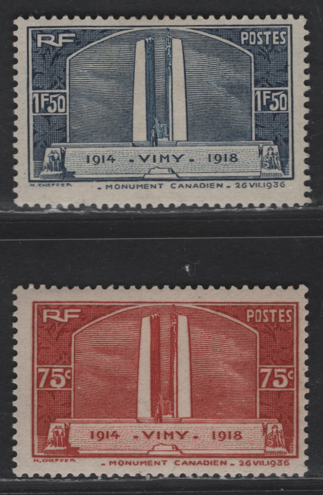 Lot 273 France #311-312 75c Henna Brown - 1.50fr Dull Blue,1936 Vimy Ridge Memorial Issue, 2 FOG Singles